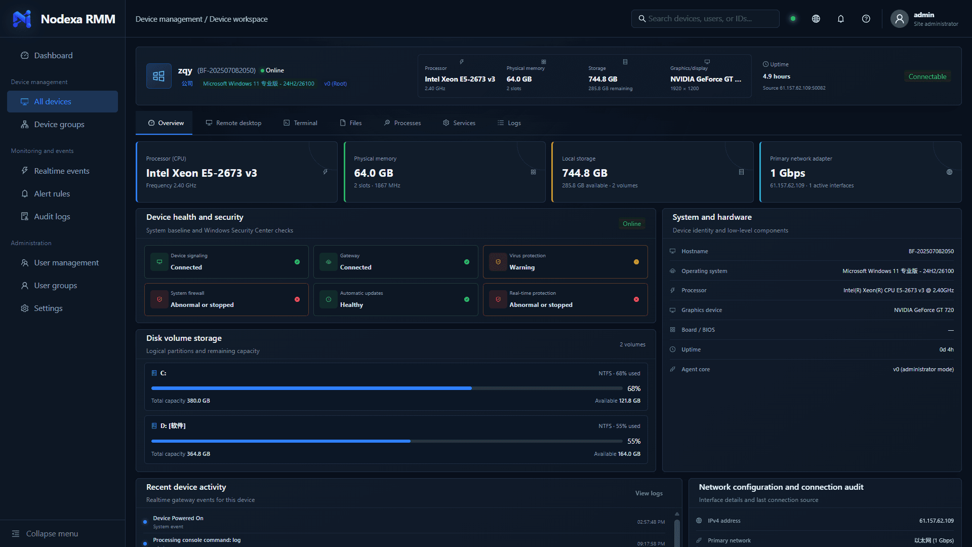 Nodexa RMM remote desktop operations workspace