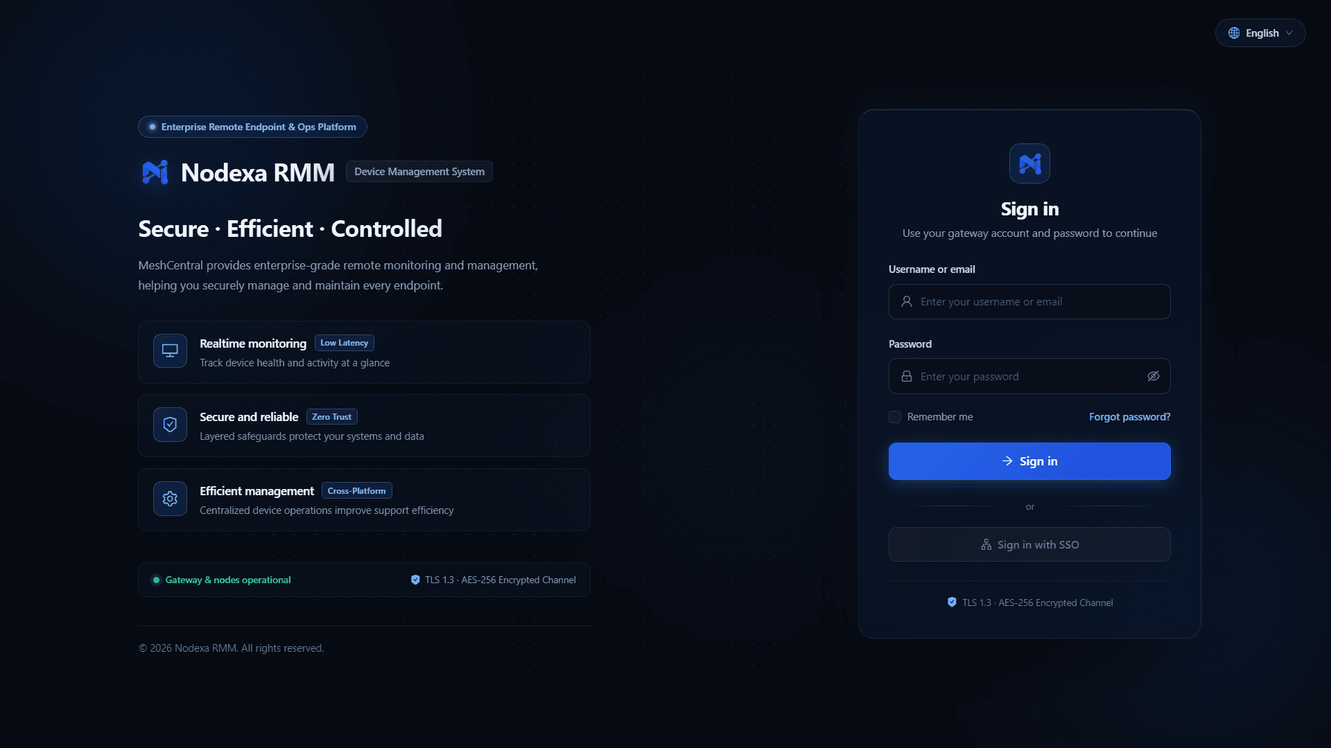 Nodexa RMM secure authentication and gateway interface